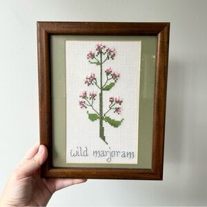 Vintage cottagecore handmade framed cross stitch of wild marjoram